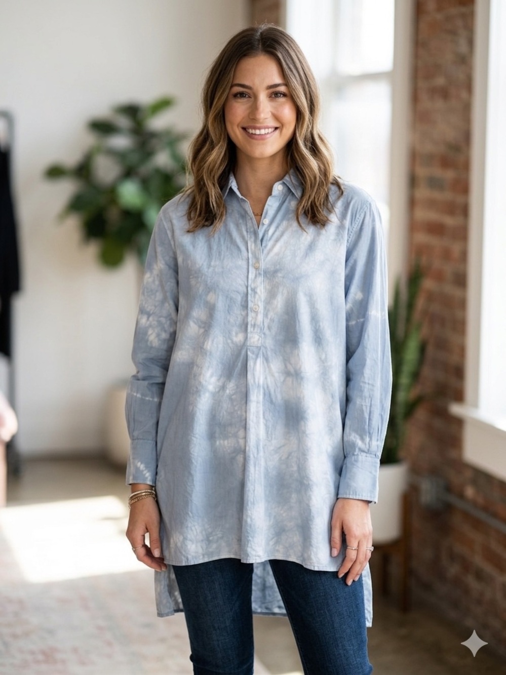 Nili Lotan Light Blue Tie-Dye Button-Up Tunic